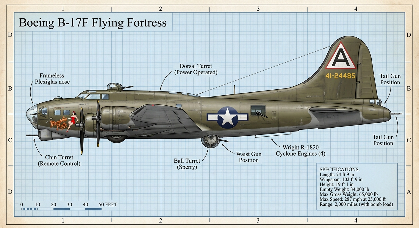 B-17F Memphis Belle side profile technical plate