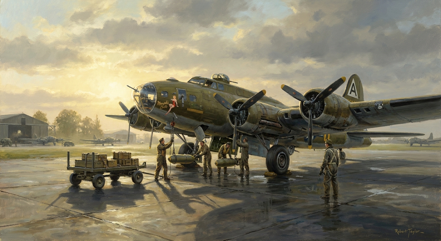 Bomb-up at dawn — ground crew loading 500-pounders into the Belle's bomb bay before a mission, RAF Bassingbourn.
