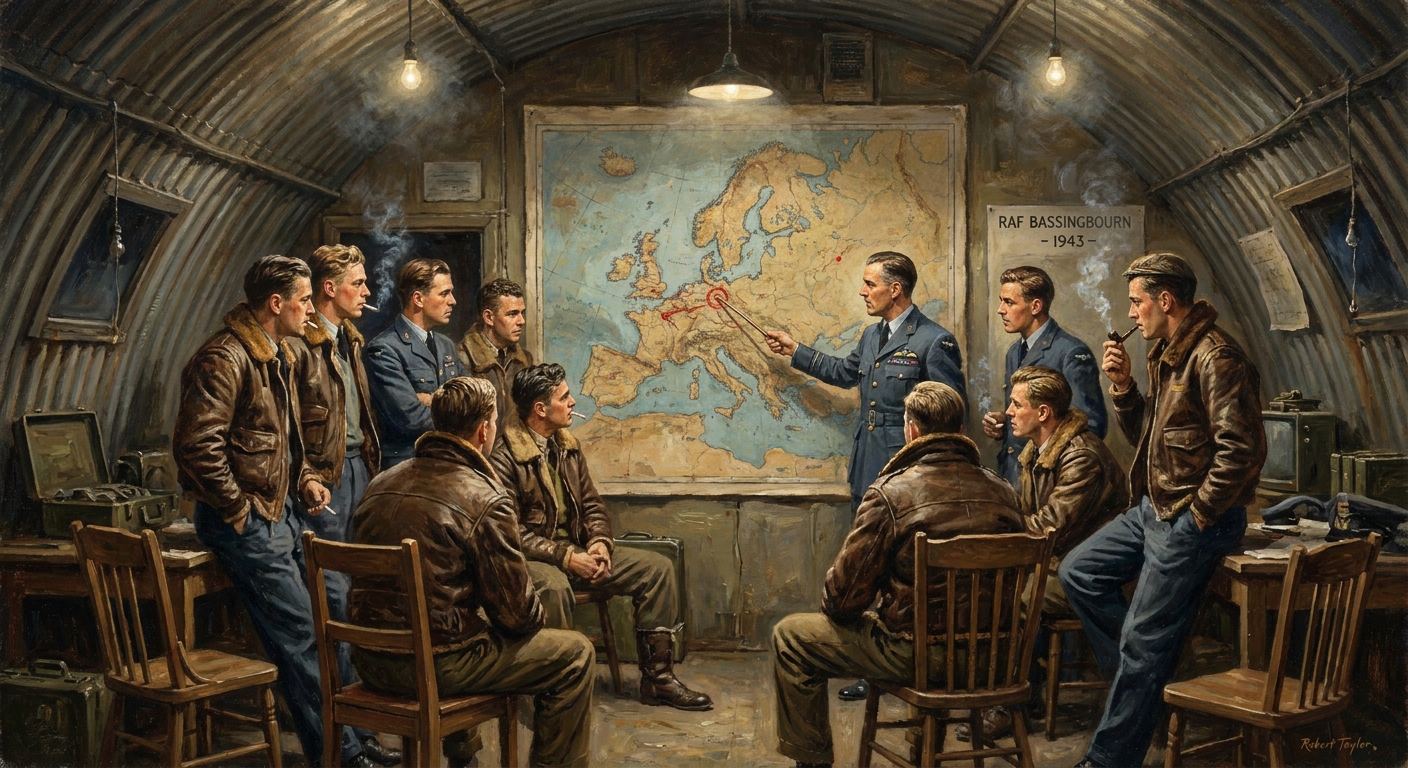 Pre-mission briefing in a Quonset hut — the target plotted on the wall map of Europe, RAF Bassingbourn 1943.
