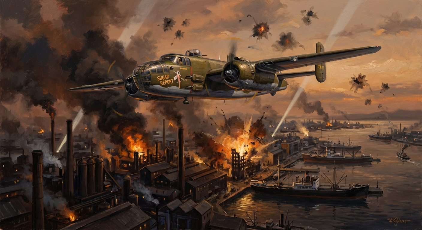 B-25 over Japanese industrial port