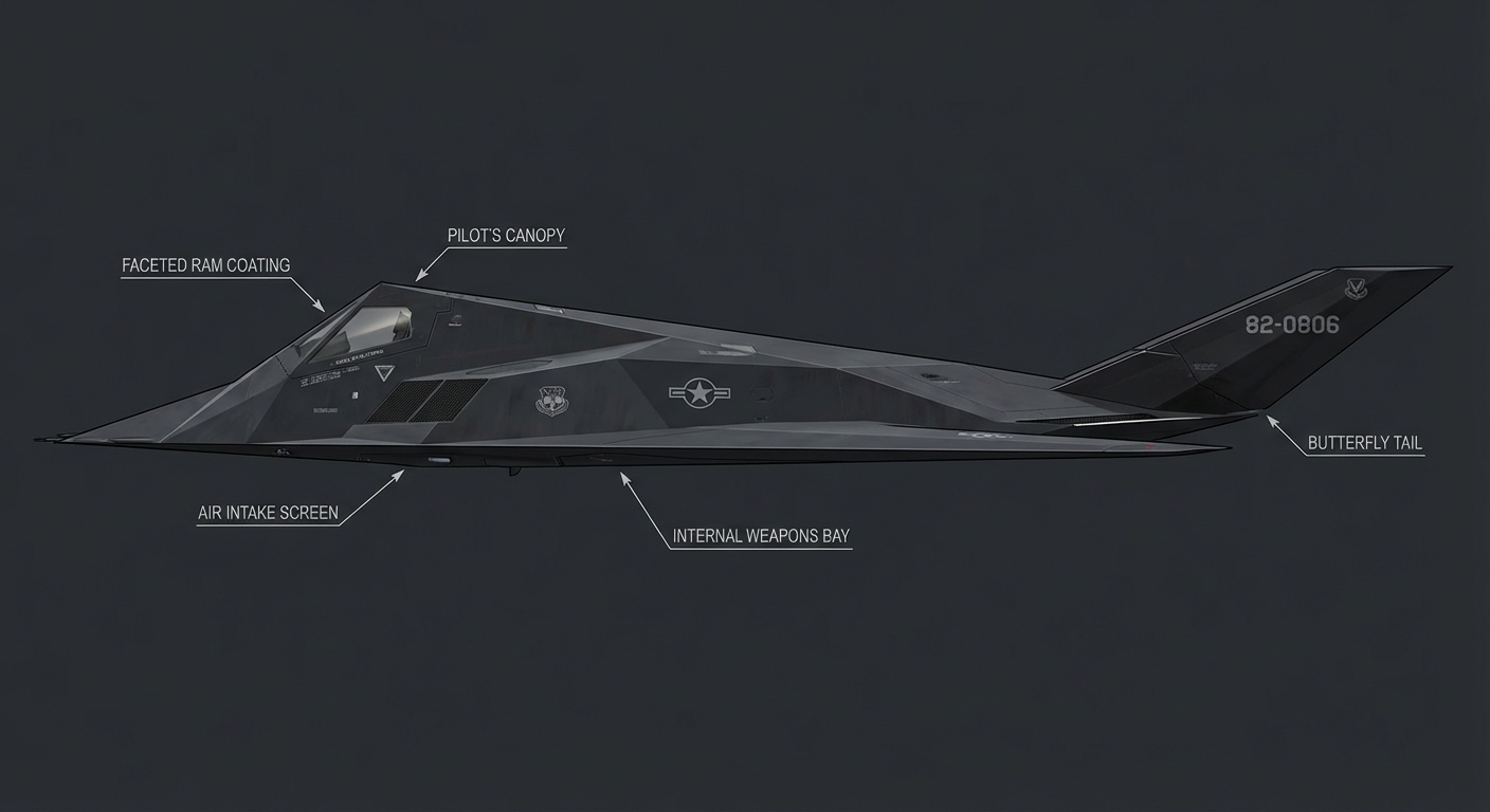 F-117A Nighthawk side profile view, showing faceted surfaces