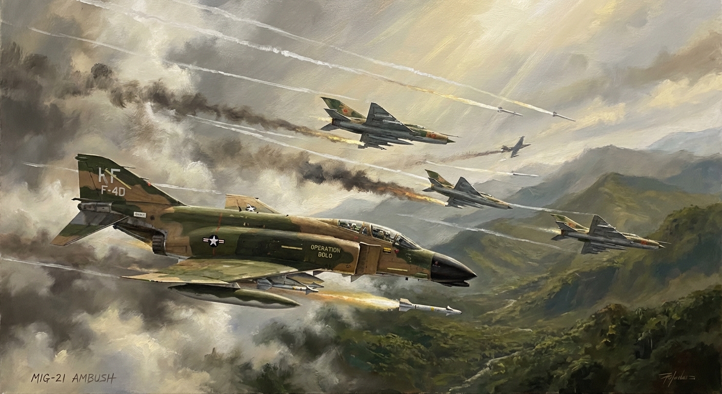 F-4 Phantom II breaking into a MiG intercept over North Vietnam