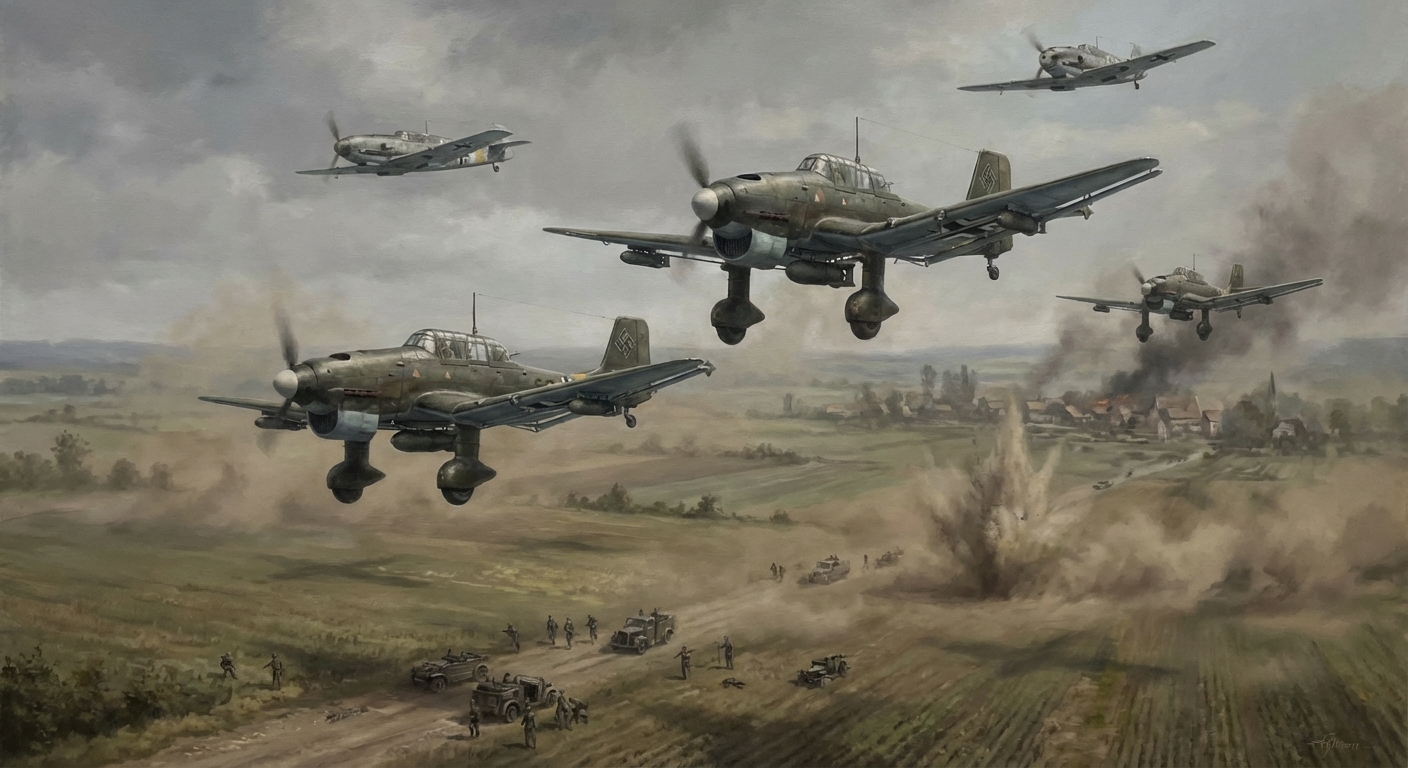 Eastern Front battlefield seen beneath a descending Stuka