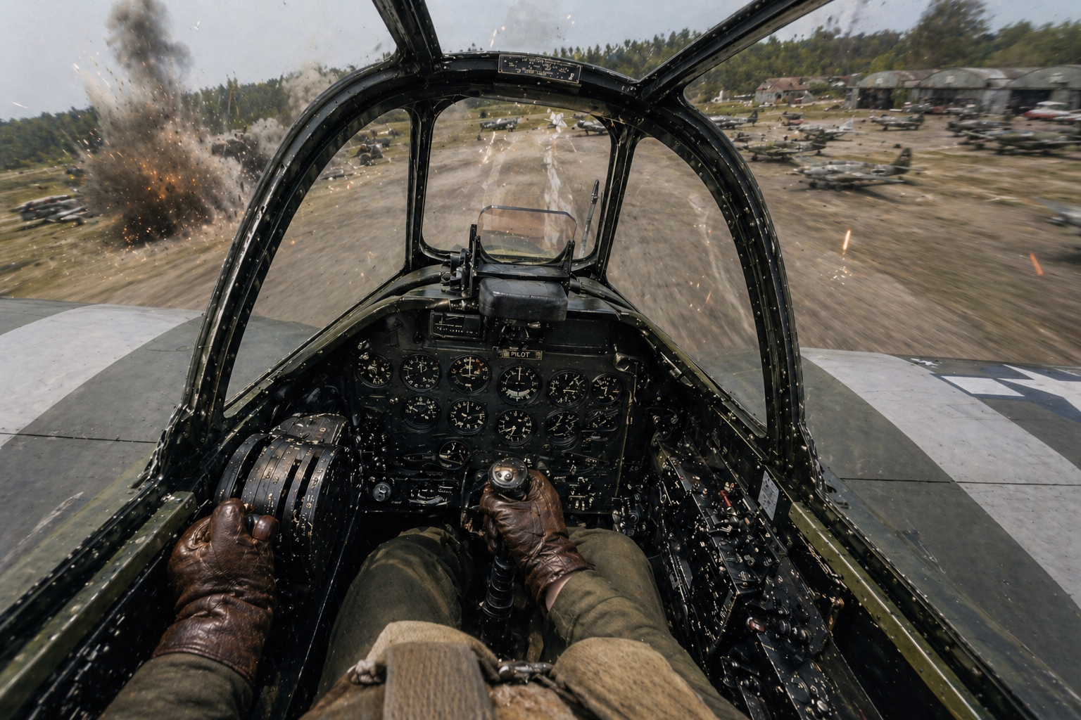 P-47 cockpit view during a low-level strafing pass