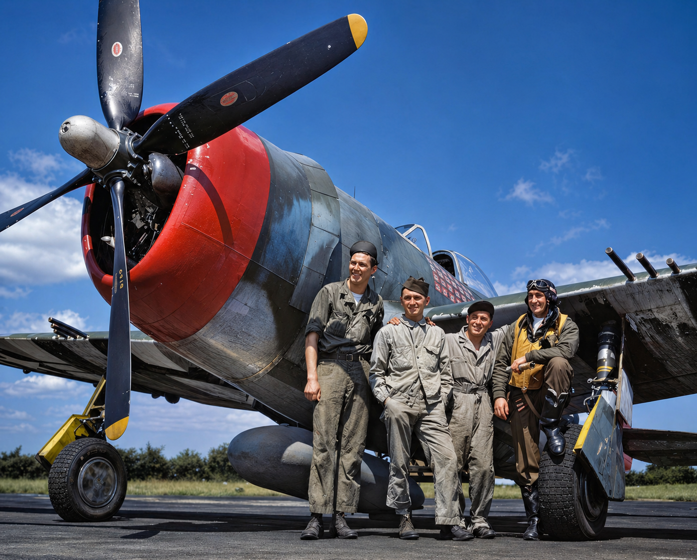 P-47 Thunderbolt pilots standing beside a red-nosed aircraft before a mission
