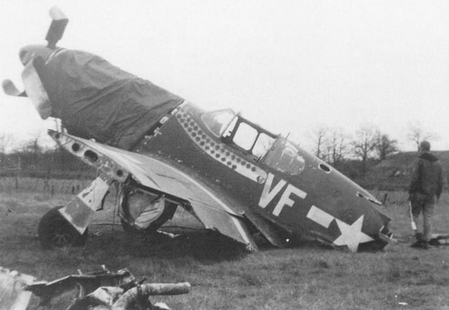 r/ww2 - A P-51 Mustang nicknamed "Shangri-La" of the 4th Fighter Group, after crash-landing, Assigned to 336FS, 4FG, 8AF USAAF. Personal aircraft of Dominic 'Don' Gentile. He claimed 7.5 of his 21 victories in this aircraft.
