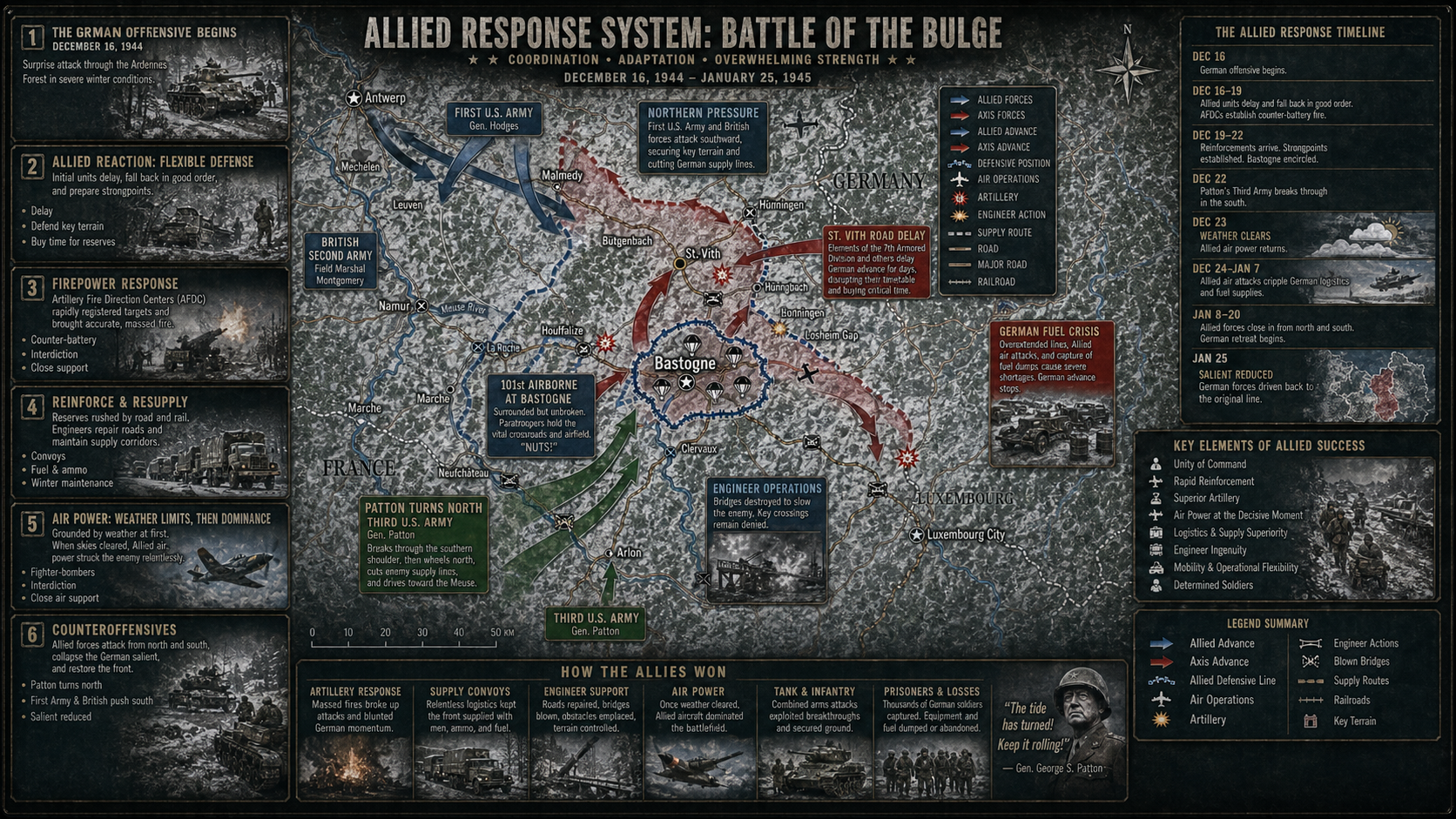 Allied response system diagram for the Battle of the Bulge showing reserves, artillery, air power, logistics, and command response