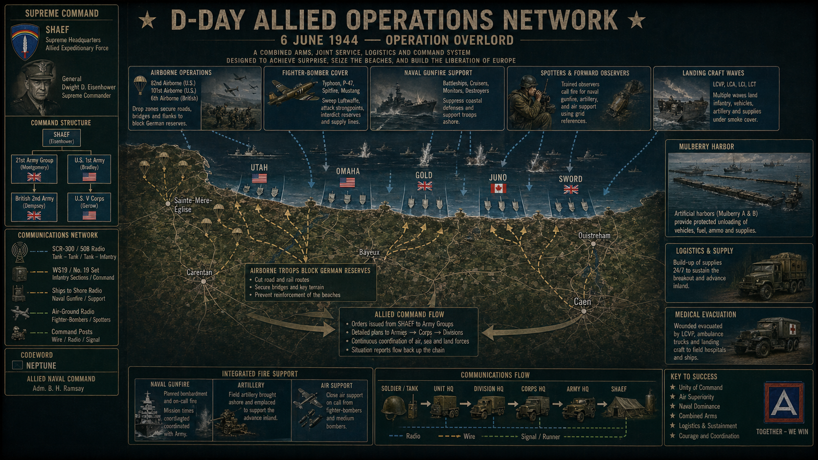 Allied D-Day operations network showing command, communications, naval gunfire, air cover, landing craft, logistics, and medical evacuation