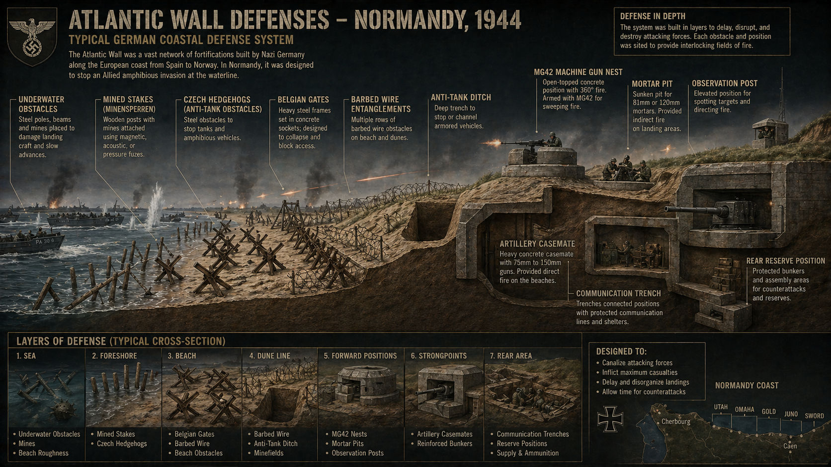 Atlantic Wall beach defense cutaway with obstacles, bunkers, MG nests, artillery, and trenches