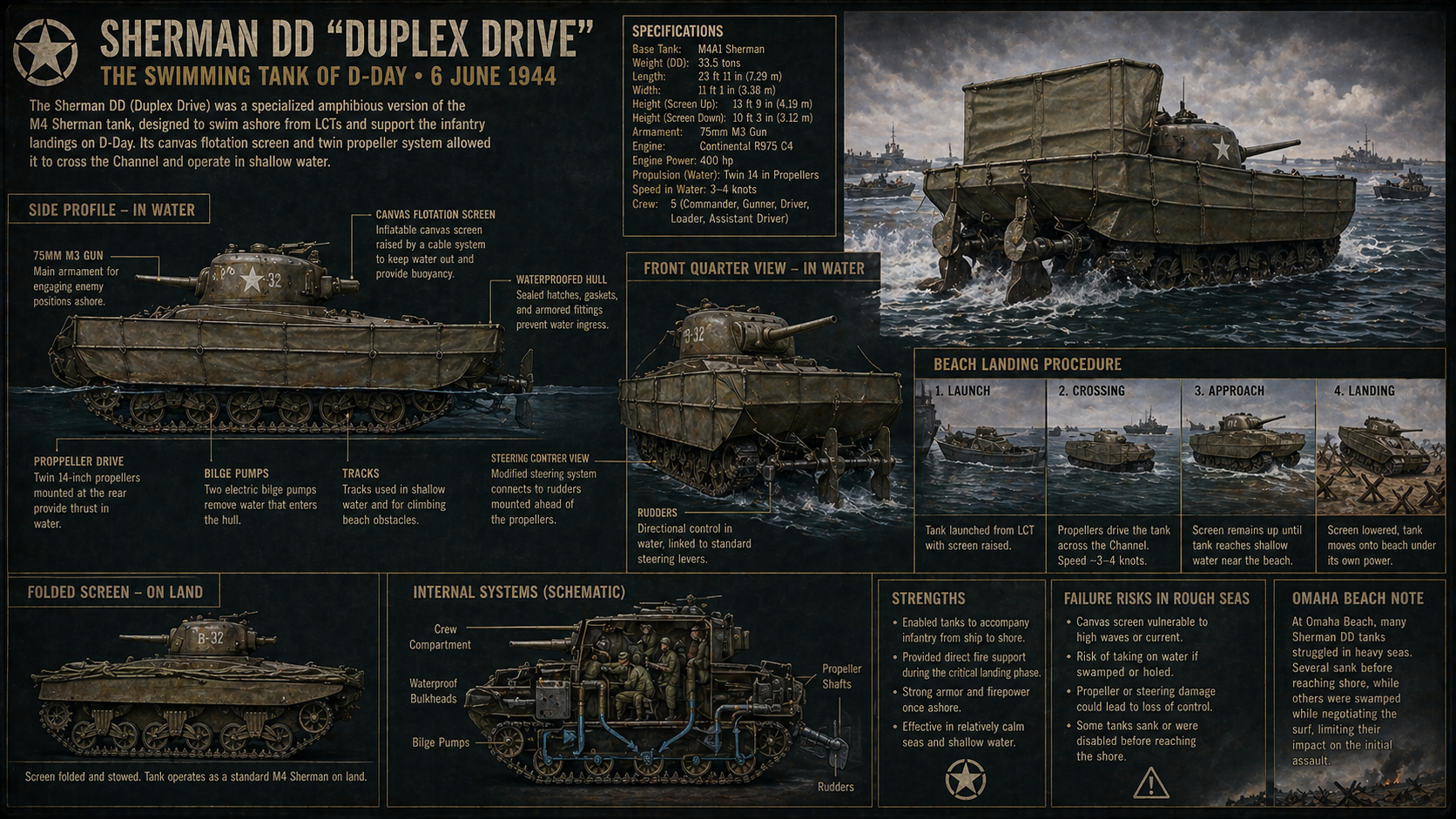 Sherman DD Duplex Drive technical plate showing flotation screen, propellers, bilge pumps, and landing procedure