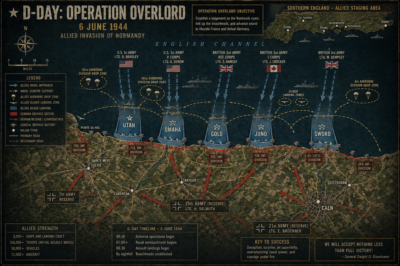 D-Day Operation Overlord tactical map showing beaches, airborne drops, naval lanes, and German reserves