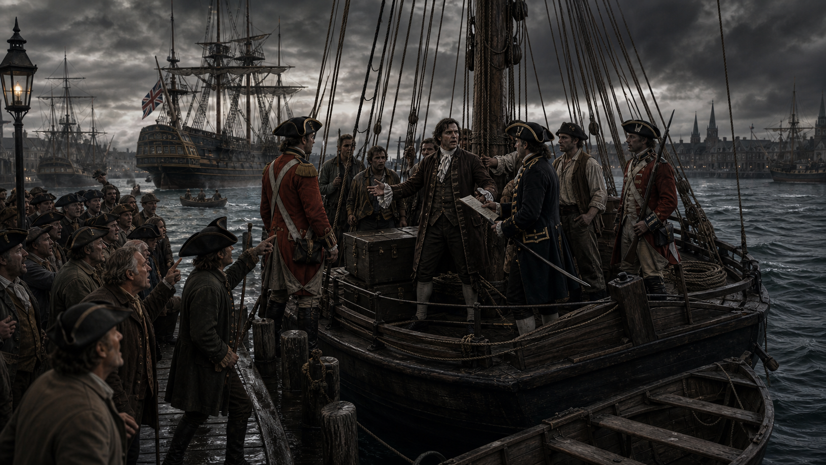 British customs officials seizing John Hancock's sloop Liberty in Boston Harbor
