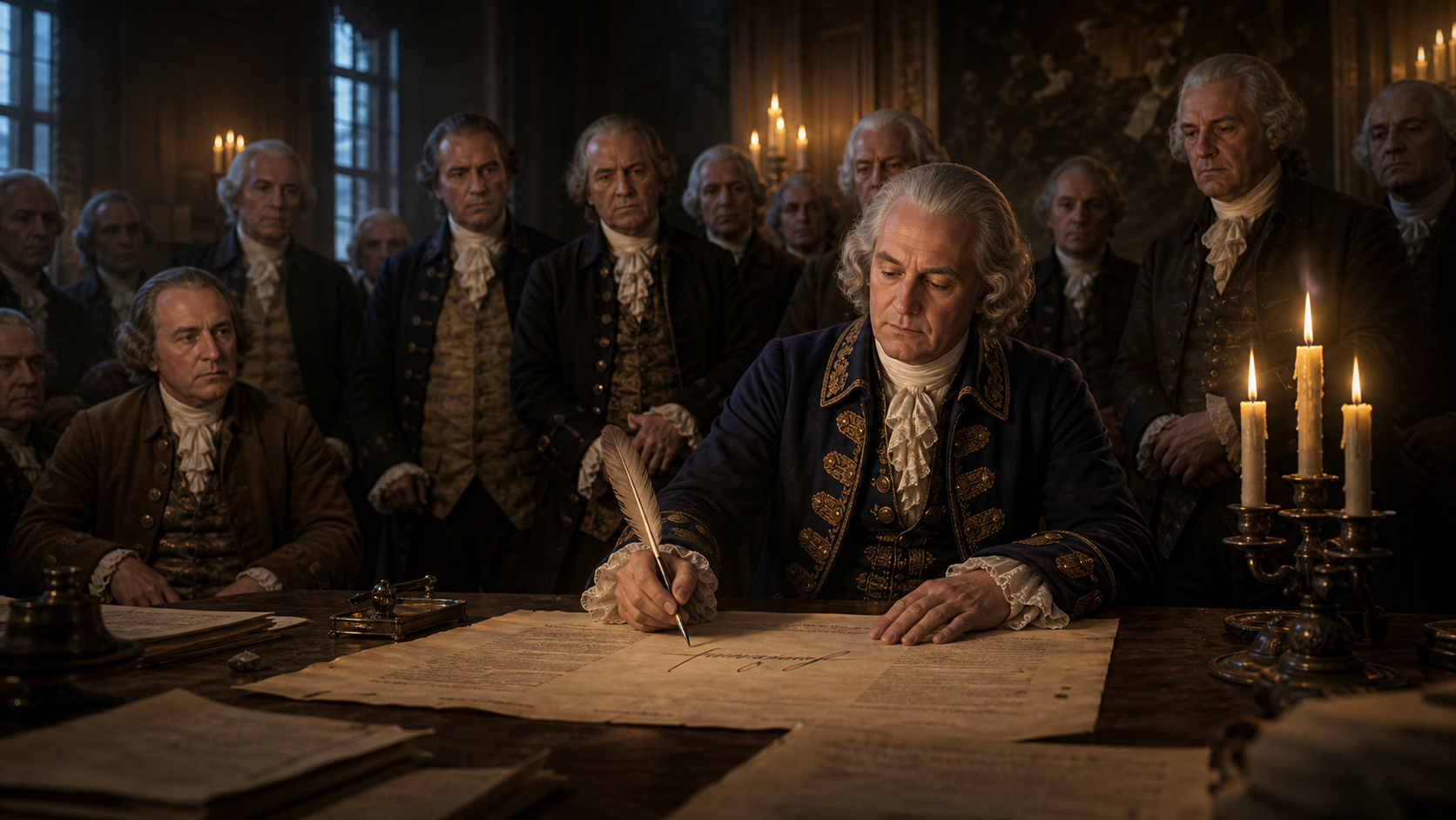 John Hancock signing the Declaration as president of Congress in a candlelit room