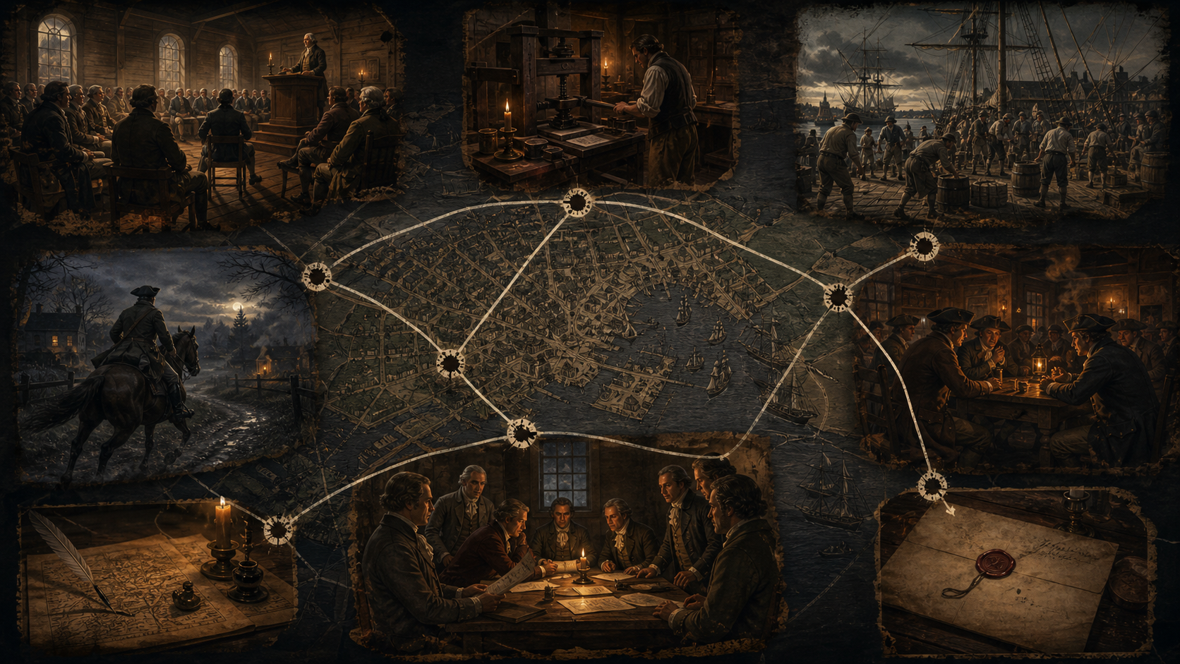 Colonial Boston resistance network of printers, meetings, dockworkers, taverns, riders, and committees