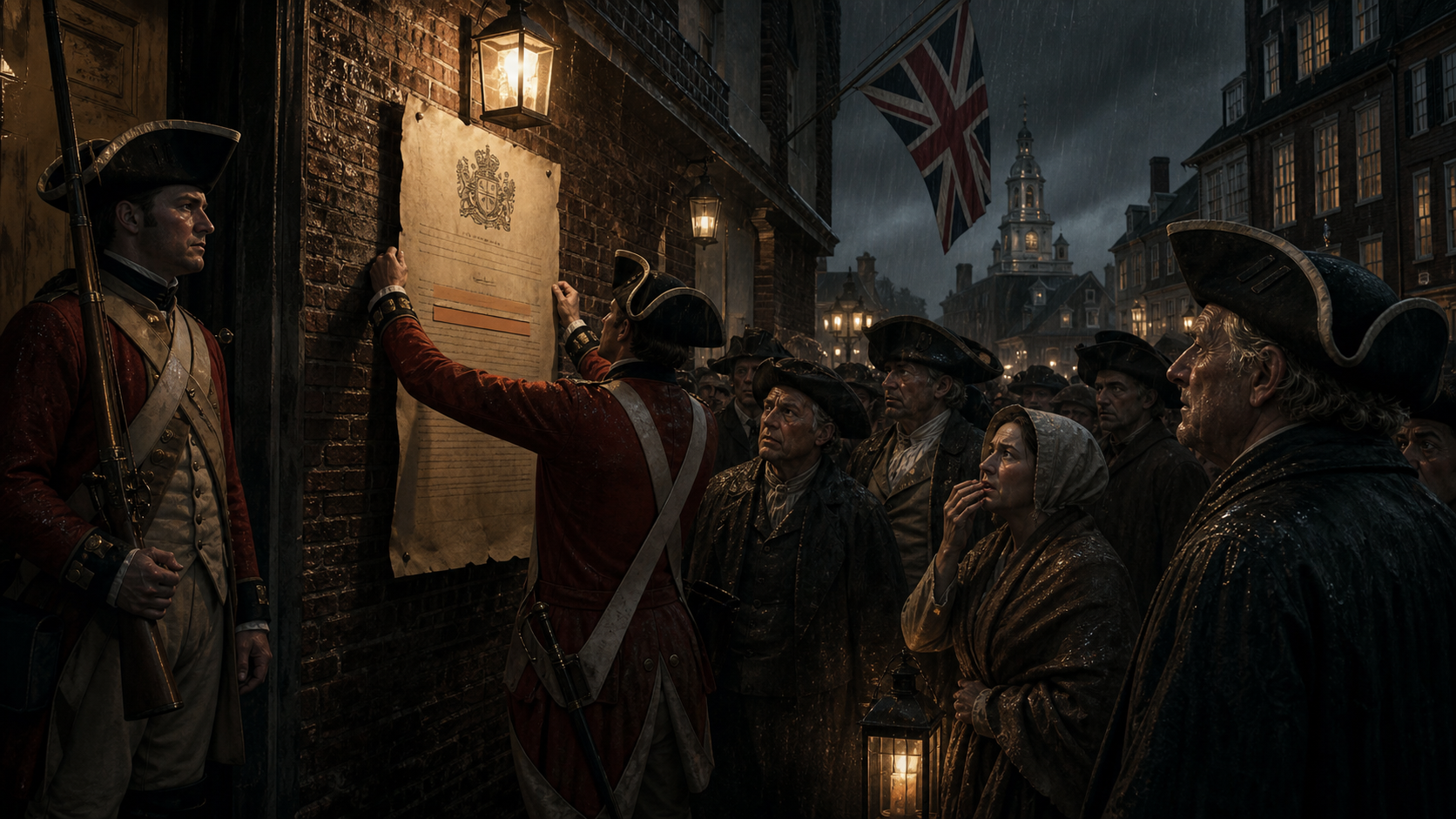 General Gage proclamation posted in occupied Boston with redcoat guard and alarmed townspeople
