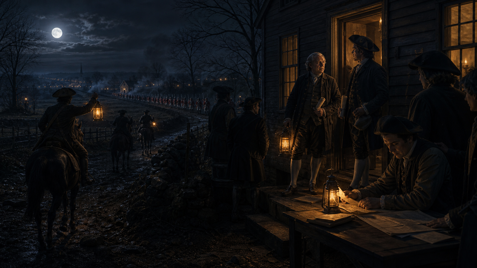 Night warning before Lexington and Concord with riders, lanterns, Adams and Hancock preparing to leave