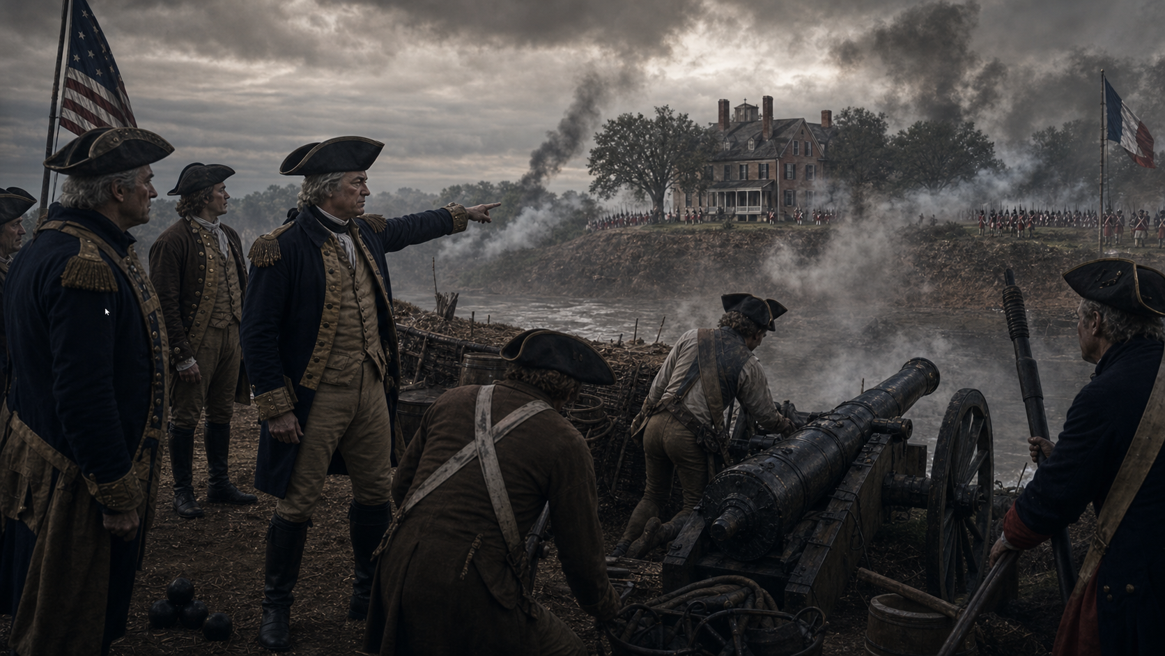 Thomas Nelson Jr. at Yorktown with artillery aimed toward the Nelson house