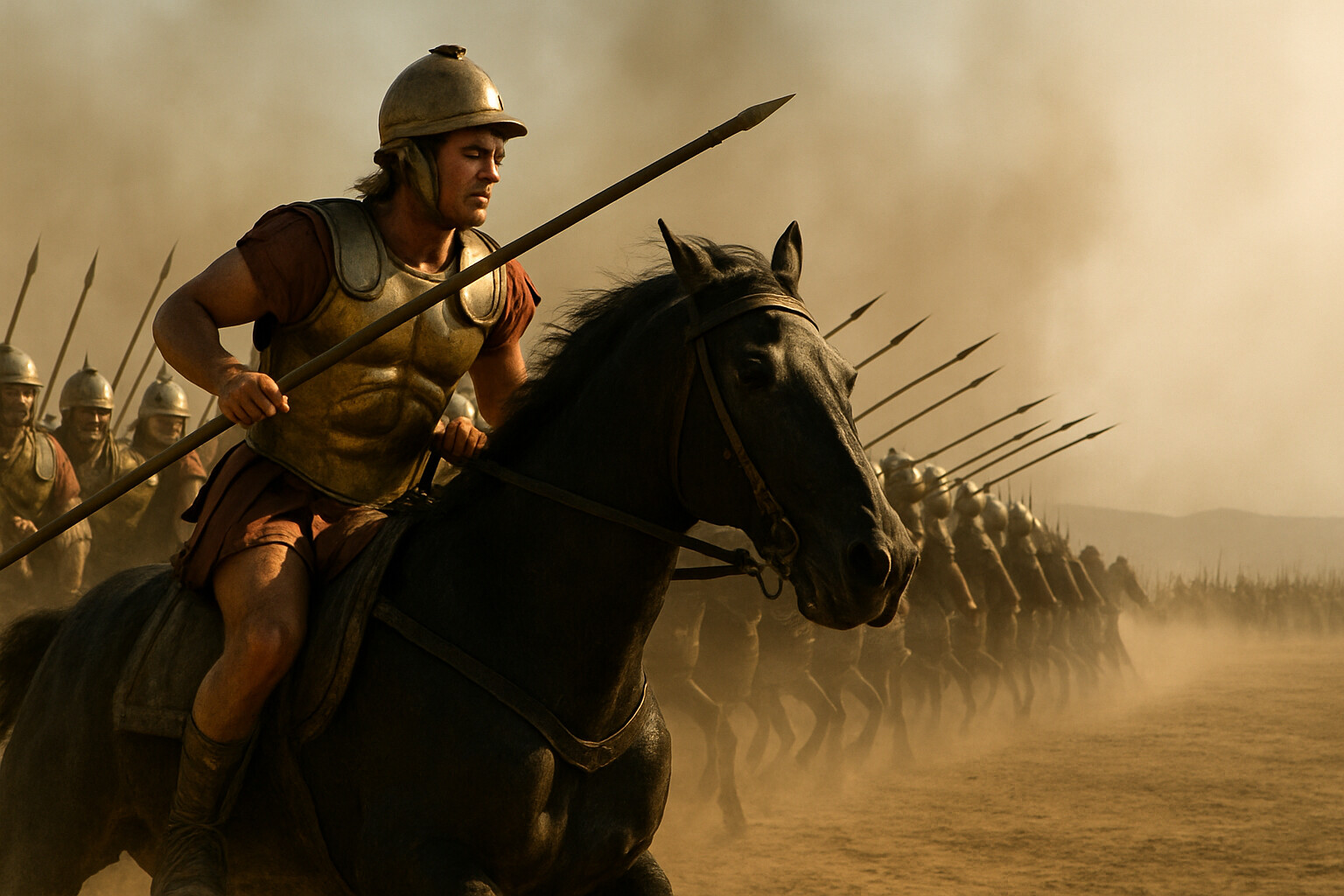 Cold open: Alexander at the point of the Companion cavalry wedge, the moment before the decisive charge, the gap in the Persian line visible ahead, dust rising across the plain.