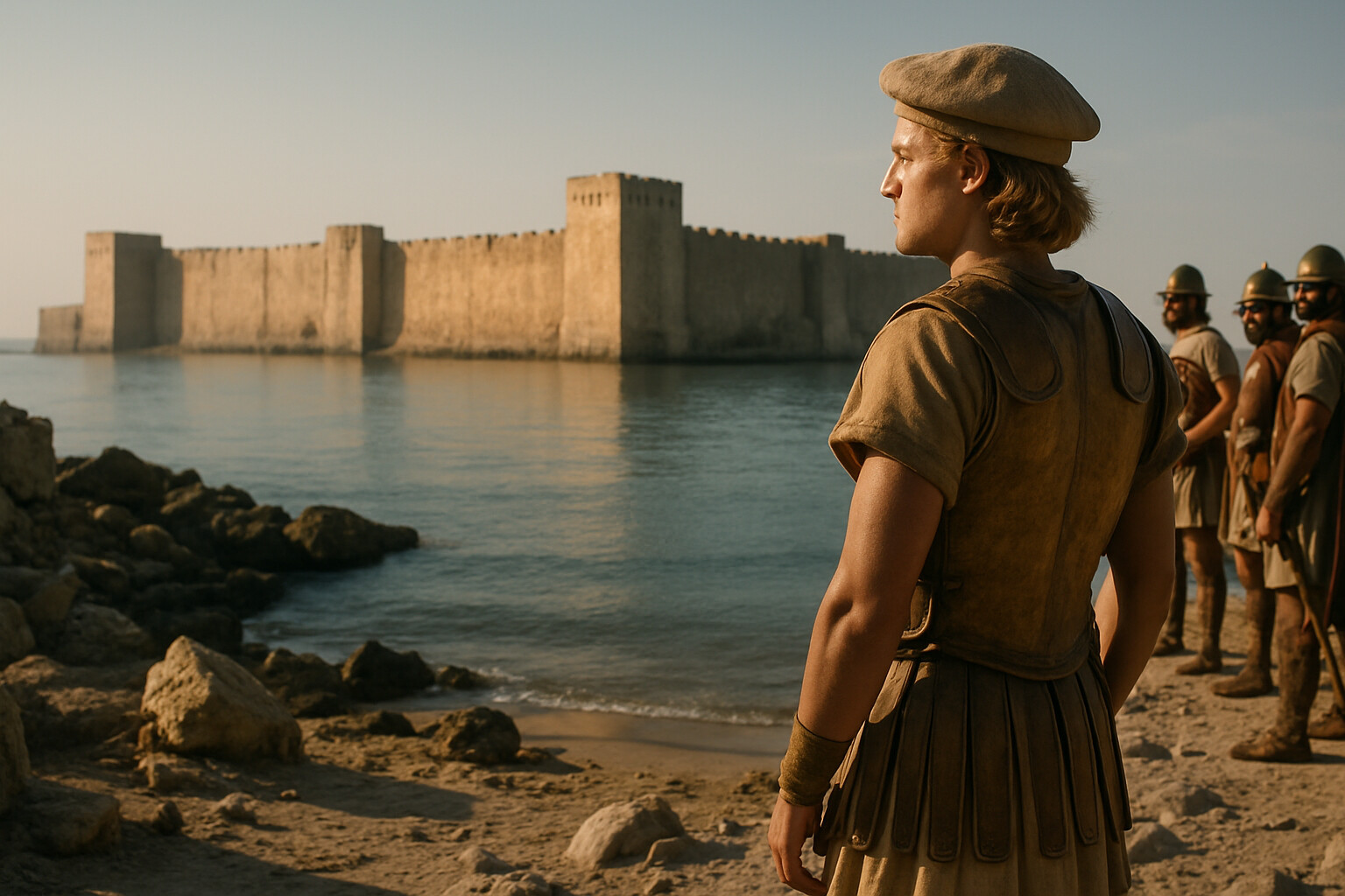 Cold open: Alexander standing on the mainland shore of Old Tyre, looking across the sea channel at the island city's massive walls rising from the water. The sea is calm and the walls are visible in the morning light. His expression is unreadable. Officers stand behind him.
