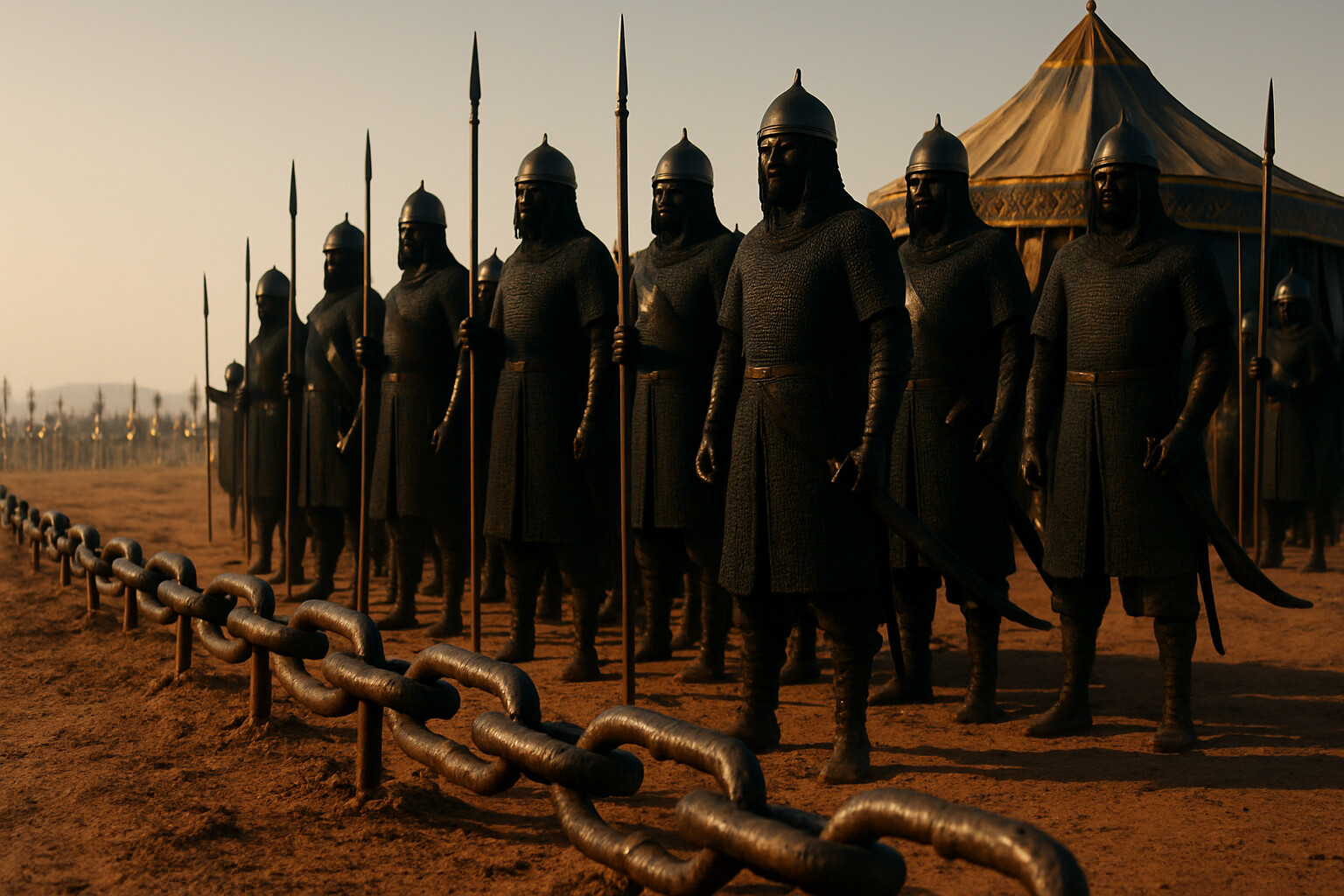 Cold open: The iron chains staked into the Andalusian earth around the Almohad caliph's camp, glinting in the early morning July sun, with the Almohad Black Guard — African warriors in mail and lamellar armor — standing behind them in formation, the distant Christian army visible on the plateau beyond.