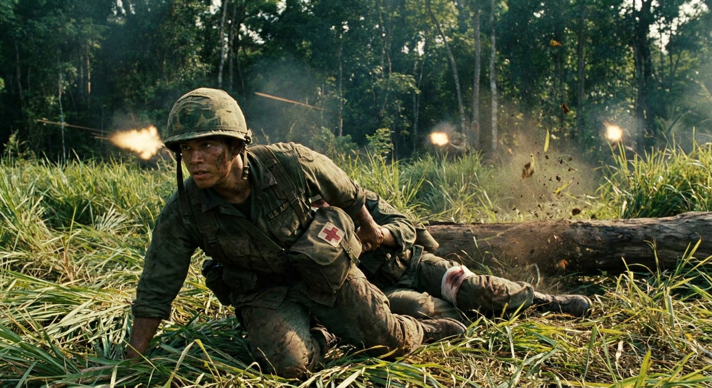 Alfred Rascon crawling through enemy fire toward a wounded paratrooper in an open clearing