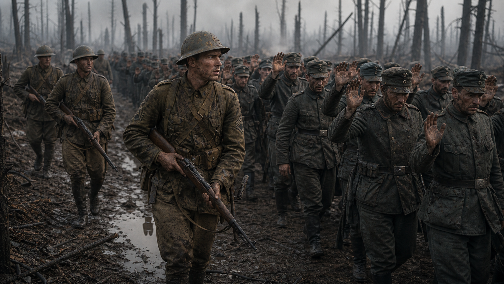 American doughboys escorting surrendered German prisoners through the Argonne Forest