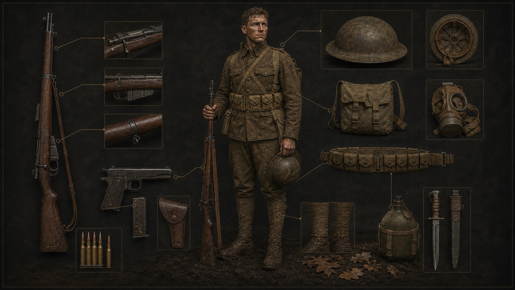 World War I American infantry equipment plate with rifle, pistol, helmet, gas mask bag, and cartridge belt
