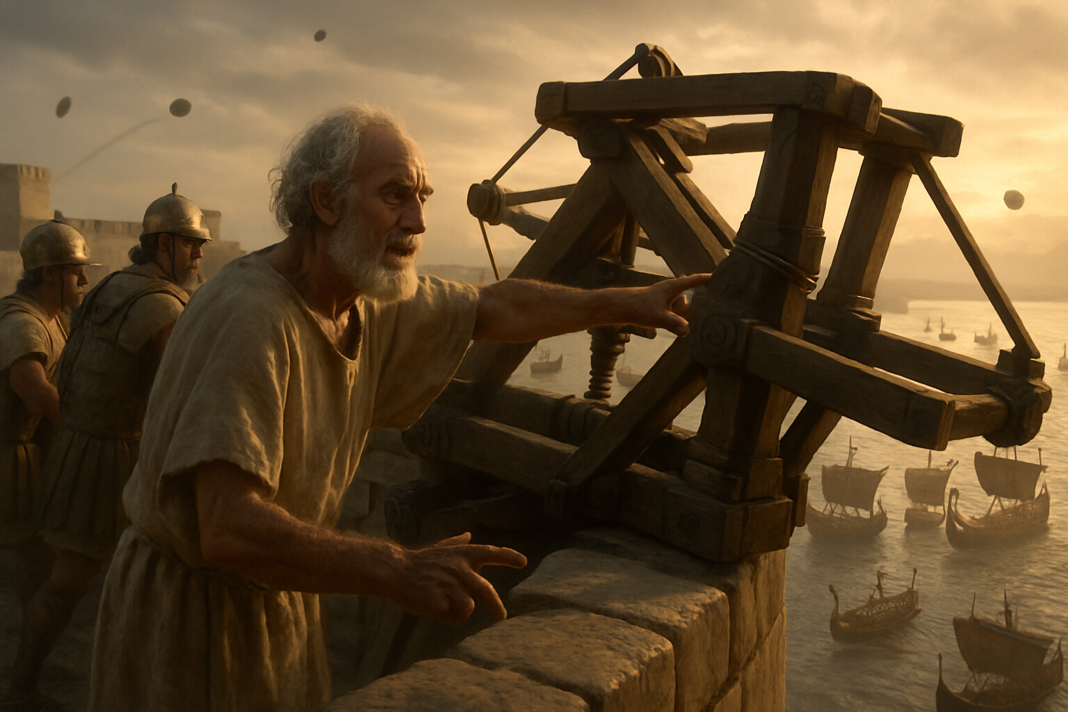 Hero/action panel: Archimedes at the walls of Syracuse, directing his defensive machines as the Roman fleet advances into the Great Harbor at dawn