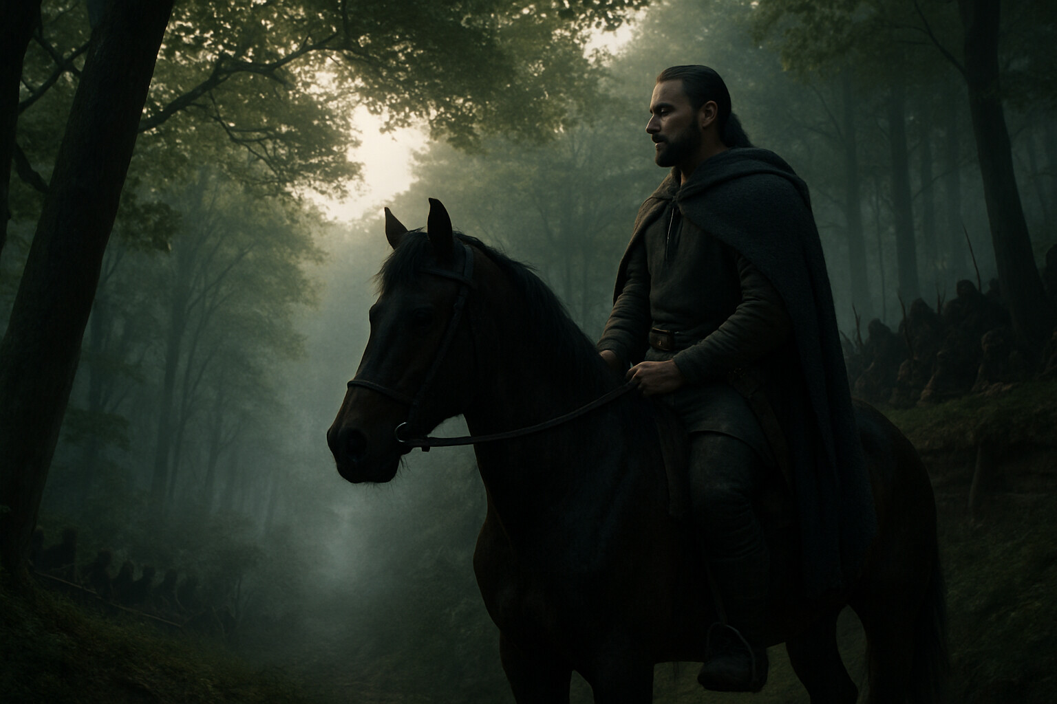 Cold open: Arminius on horseback at dawn on Kalkriese Hill, overlooking the narrow forested corridor below, moments before the Roman column enters the killing zone. This is the decisive moment of waiting.