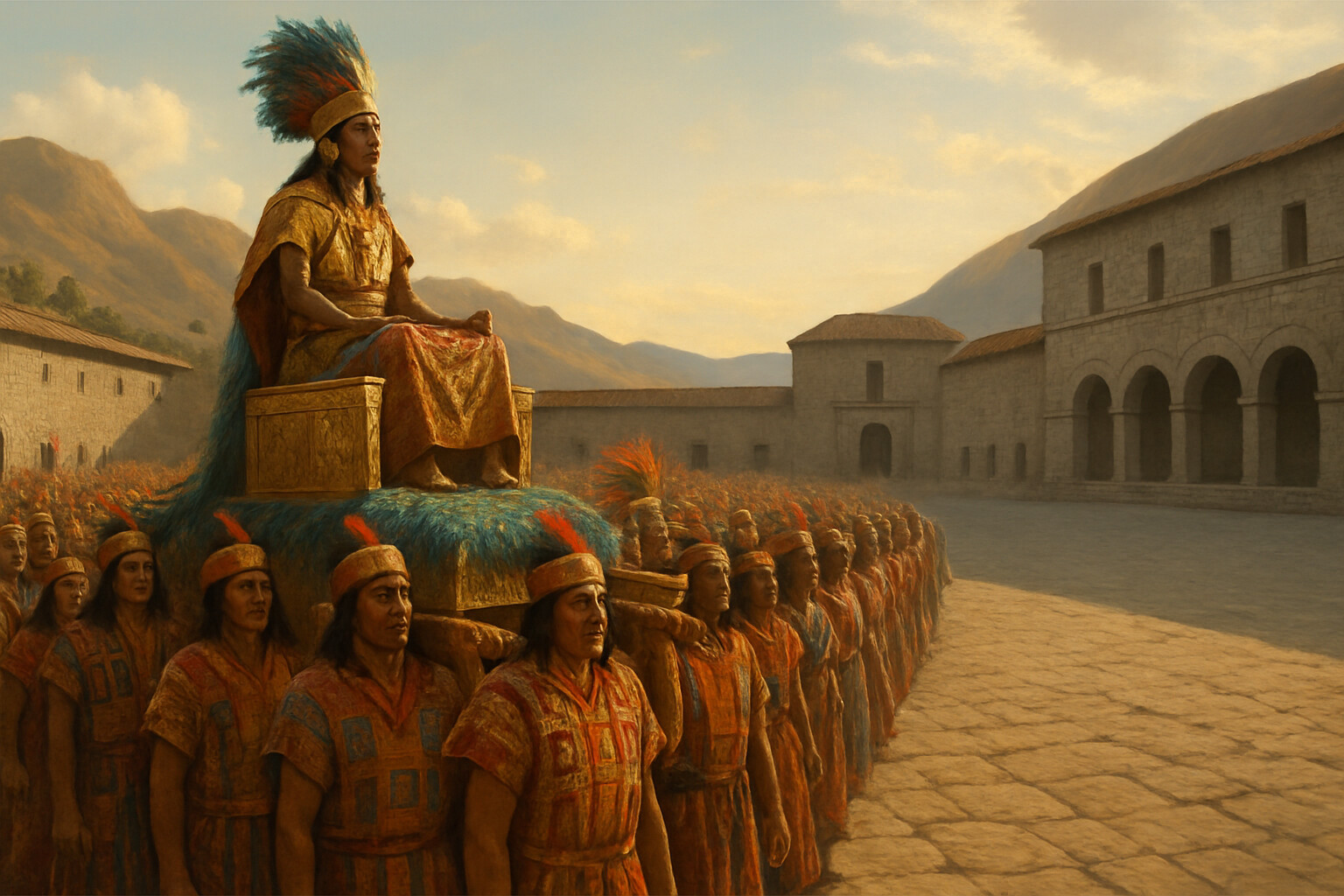 Cold open: Atahualpa on his golden litter entering the Cajamarca plaza at late afternoon, surrounded by thousands of attendants in ceremonial dress, the mountain city's stone walls glowing in low Andean light, the plaza appearing almost empty from his elevated vantage — the trap not yet visible.