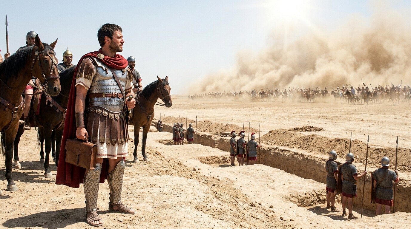 Cold open: Belisarius on the plain before Dara, studying the dust cloud of the approaching Persian army. He stands near a mounted staff group on a slight rise behind the Byzantine trench line. The scale of the Persian force visible in the distance is enormous.