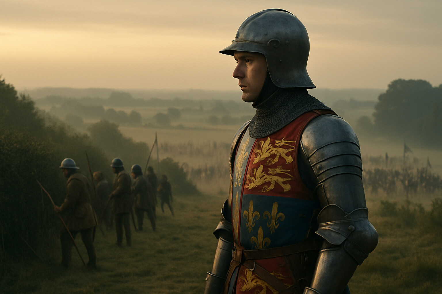 The cold open: Edward the Black Prince in armor, standing on the ridge at dawn before the battle, looking south toward the French army massing in the distance. His expression is controlled, calculating. The hedge line stretches behind him. Archers are taking their positions in the early light.