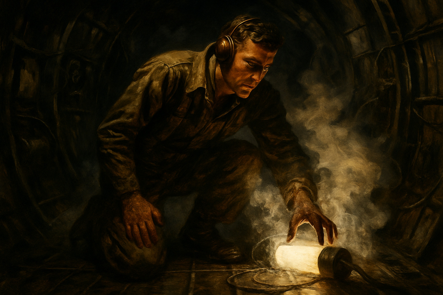 Erwin, now fully engulfed in flames and blinded, kneeling to pick up the burning canister with his bare hands