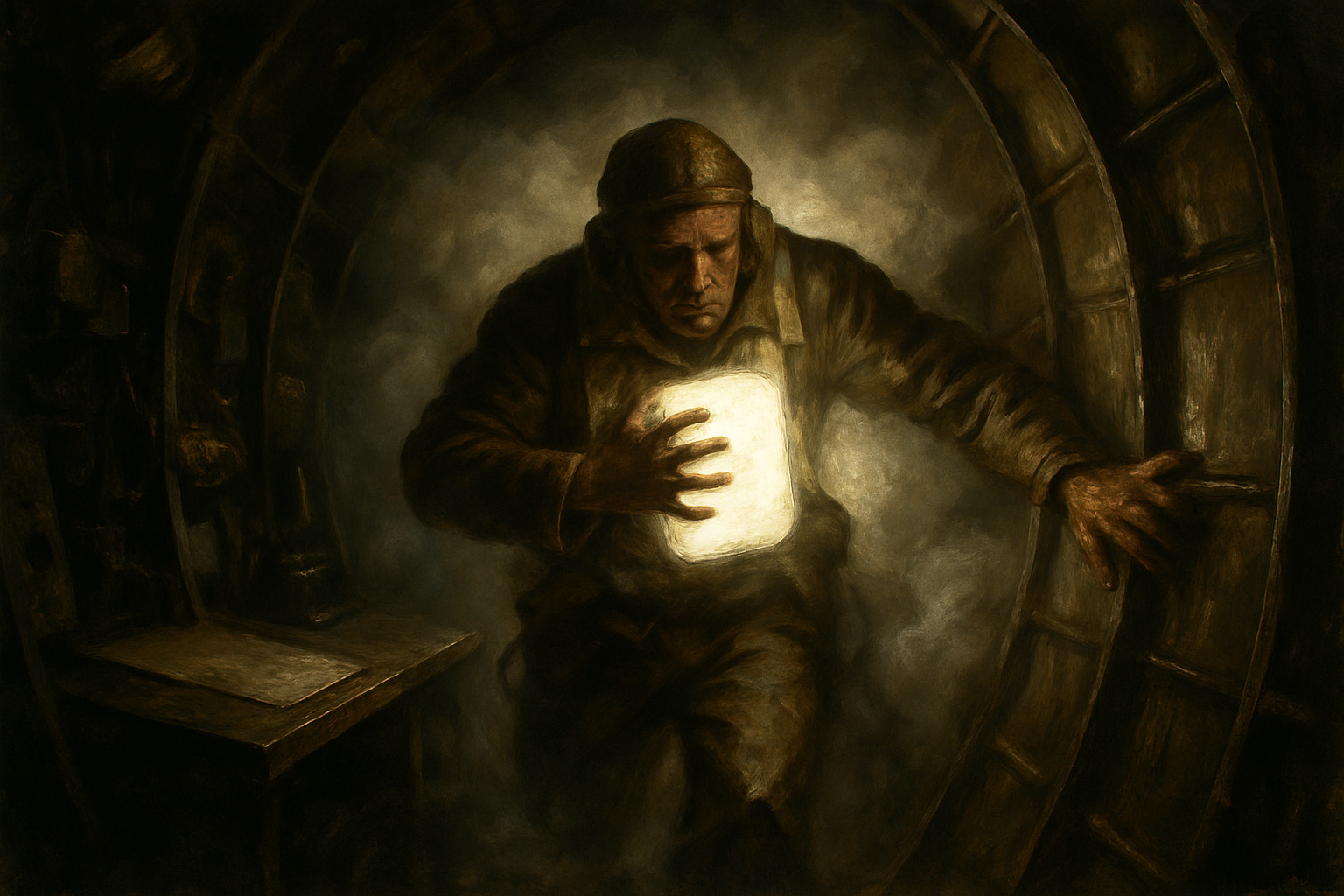 Erwin staggering through the narrow B-29 fuselage, carrying the burning canister against his chest while blind and on fire