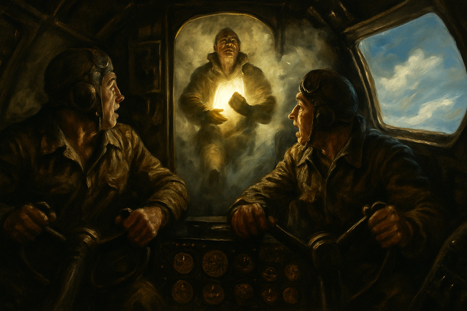Erwin reaching the cockpit where the pilot and co-pilot watch in horror as he approaches the open window