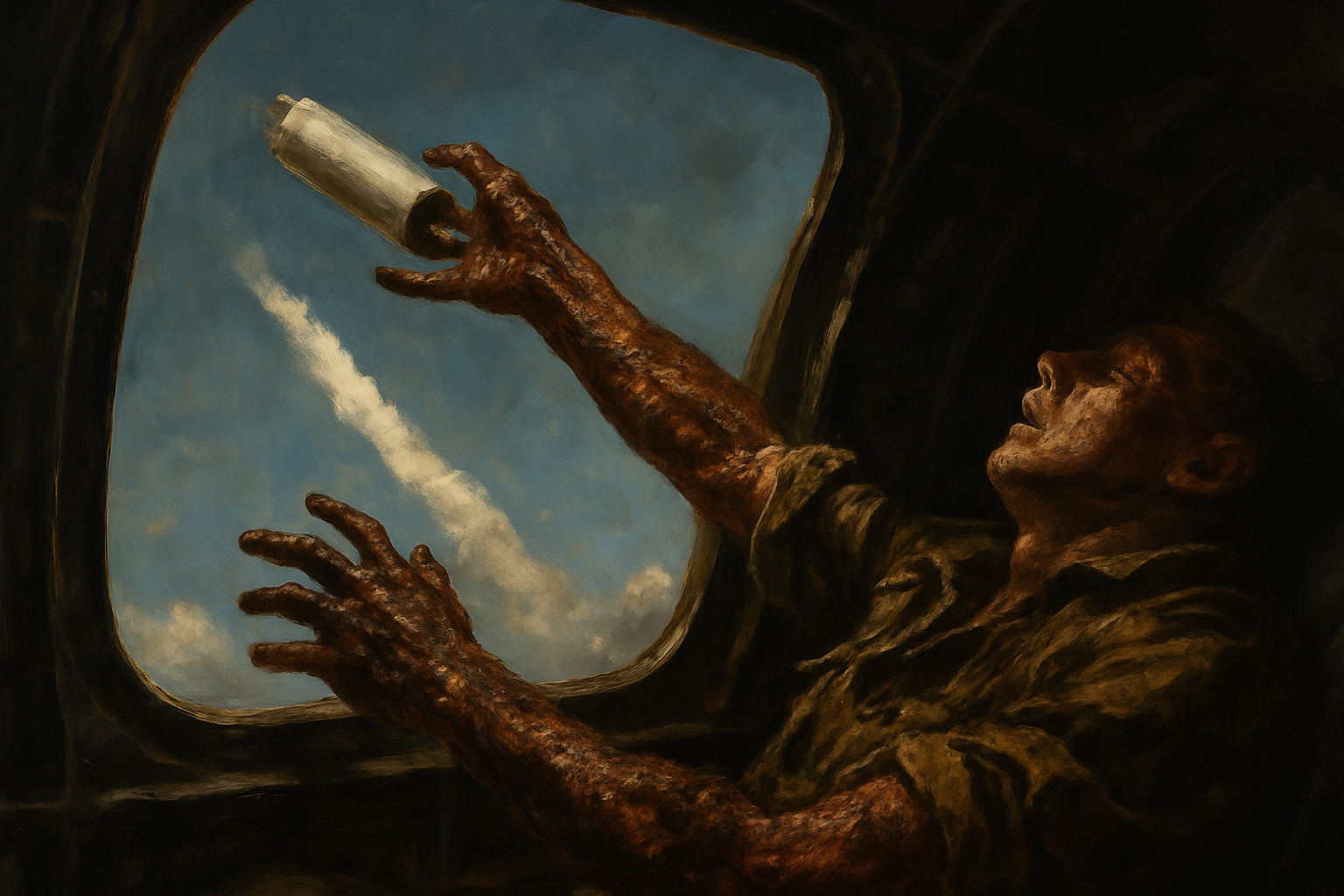 Erwin throwing the burning canister out the co-pilot's window into the slipstream while collapsing from his injuries
