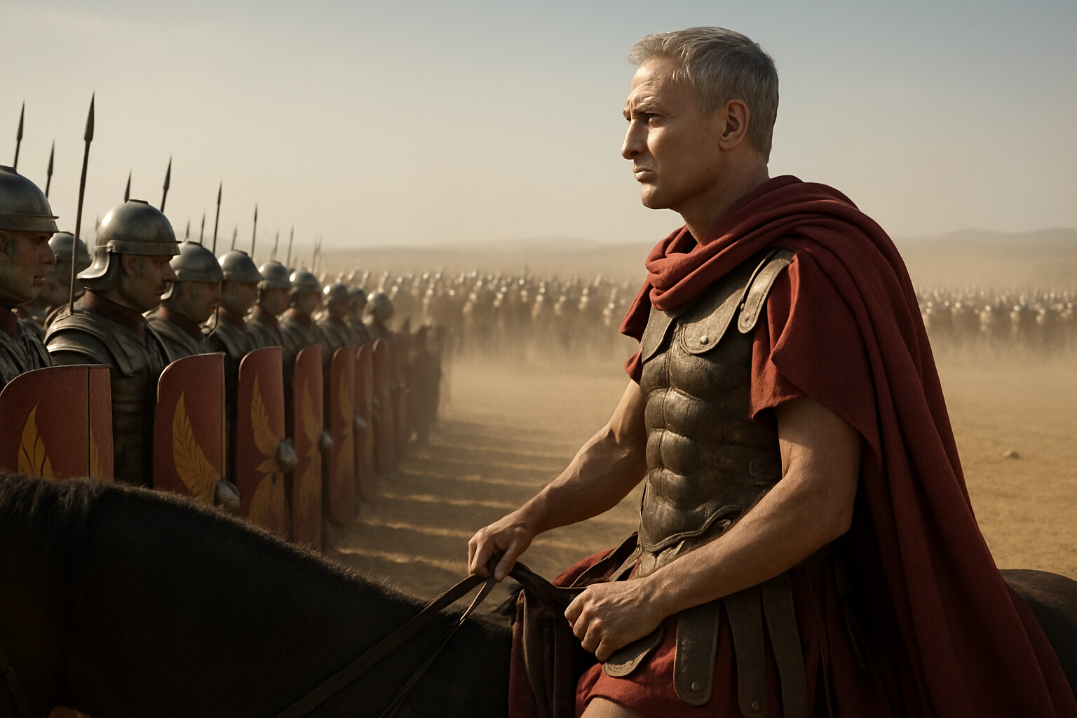 Cold open: The moment of maximum tension — Caesar on horseback behind his right wing, watching Pompey's massive cavalry formation advance across the Thessalian plain in the summer dust. His face shows focused calculation, not fear. Behind him, barely visible, the hidden cohorts stand motionless in formation.