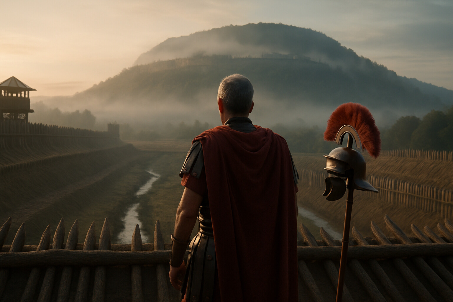 The cold open: Caesar standing at the wall of his circumvallation, looking up at the Alesia plateau rising above him, calculating. Dawn light. The scale of what he has built visible behind him, and the hill fortress looming ahead.