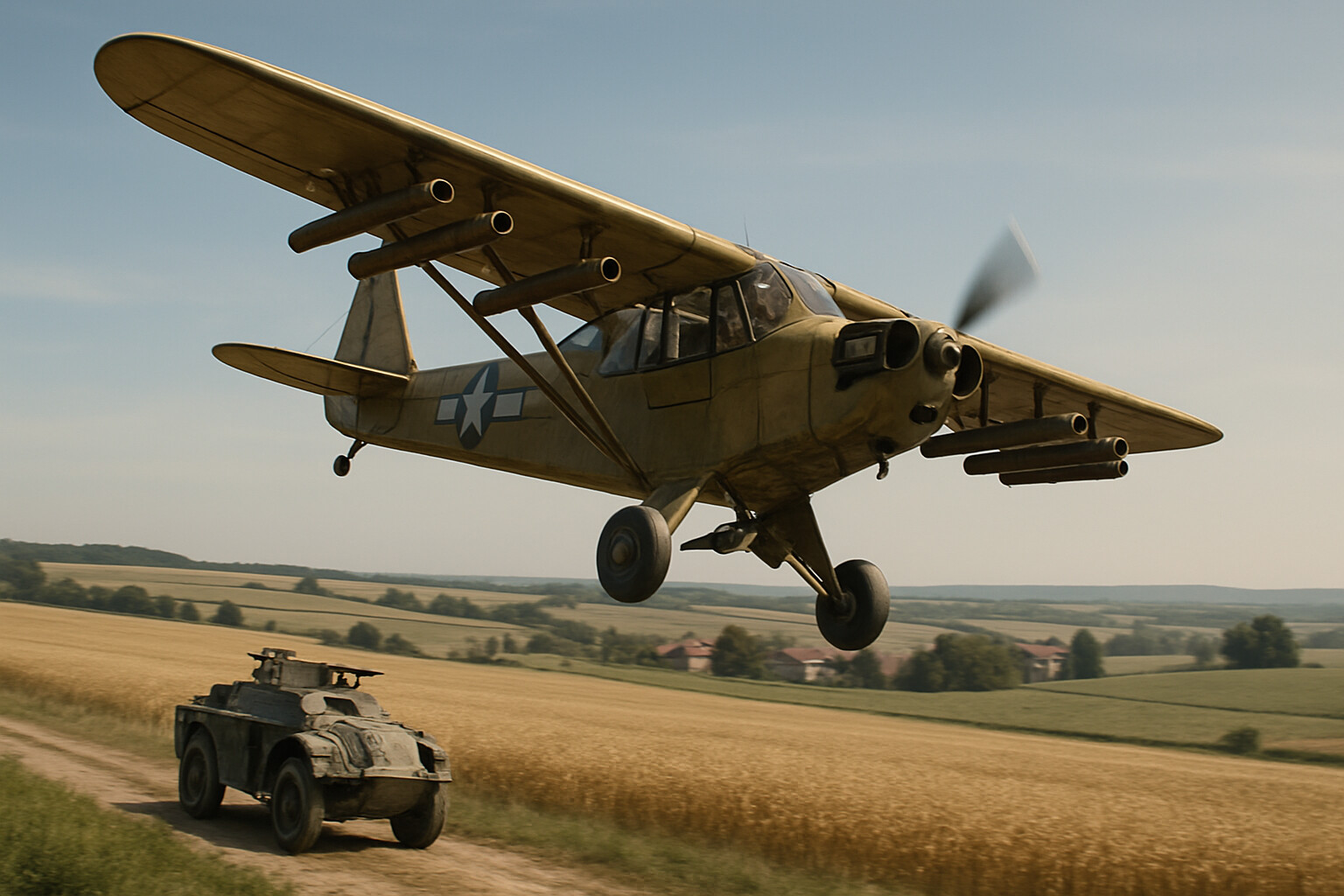 Carpenter's modified Piper Cub diving toward a German armored car, rockets mounted under wings