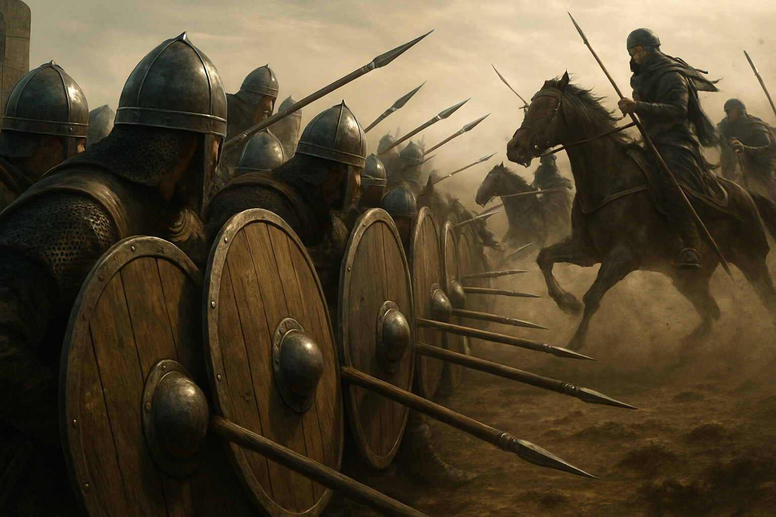 Hero/action panel: The Frankish shield wall at the moment of Umayyad cavalry impact. The wall holds.