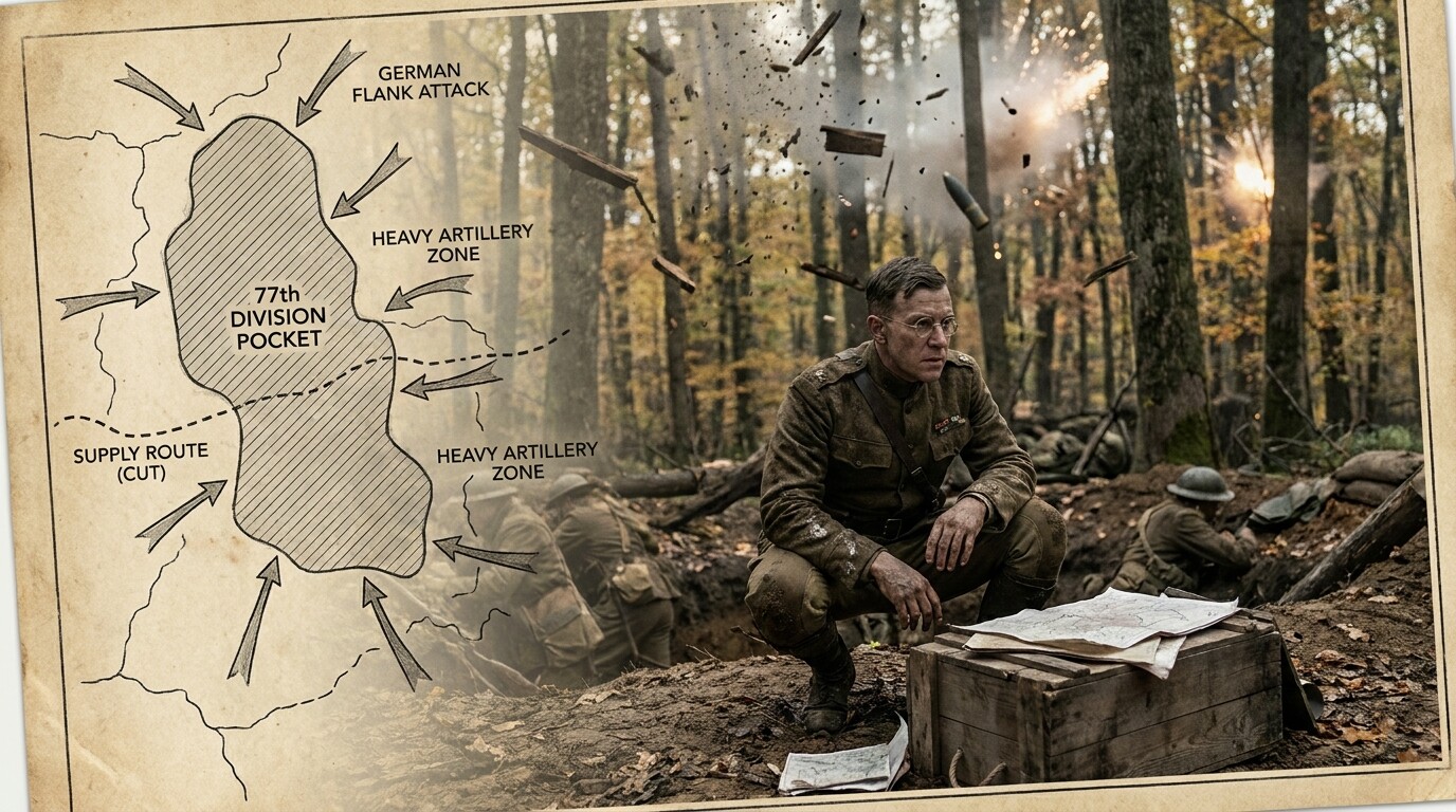 Major Whittlesey crouched in his makeshift command post as German artillery shells explode through the Argonne forest canopy, showing the desperate nature of the surrounded position.
