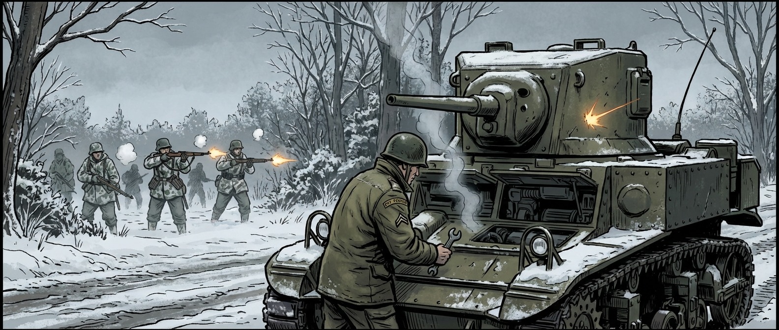 The ambush begins as Fenchel works on his M5 Stuart tank engine while German Fallschirmjäger emerge from concealed positions