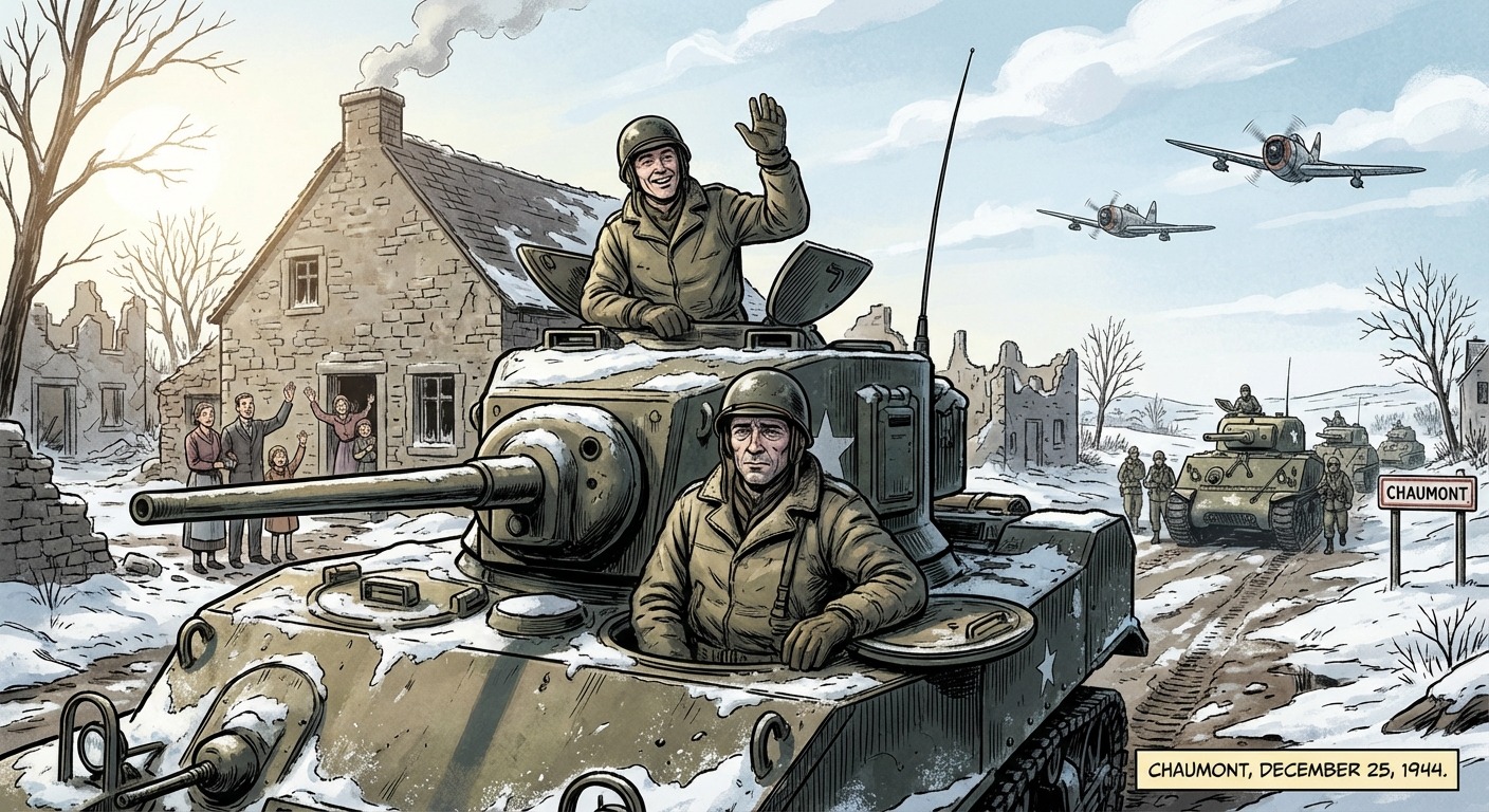 Christmas Day reunion - Fenchel climbs into the driver's seat of a new M5 Stuart as his old gunner takes command