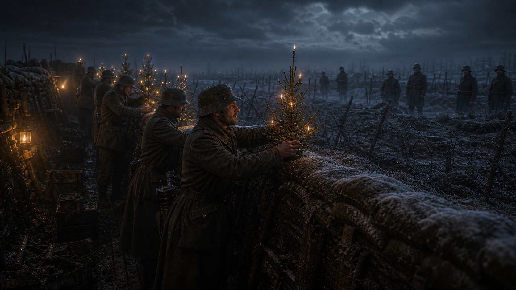 German trench with candlelit Christmas trees on Christmas Eve 1914