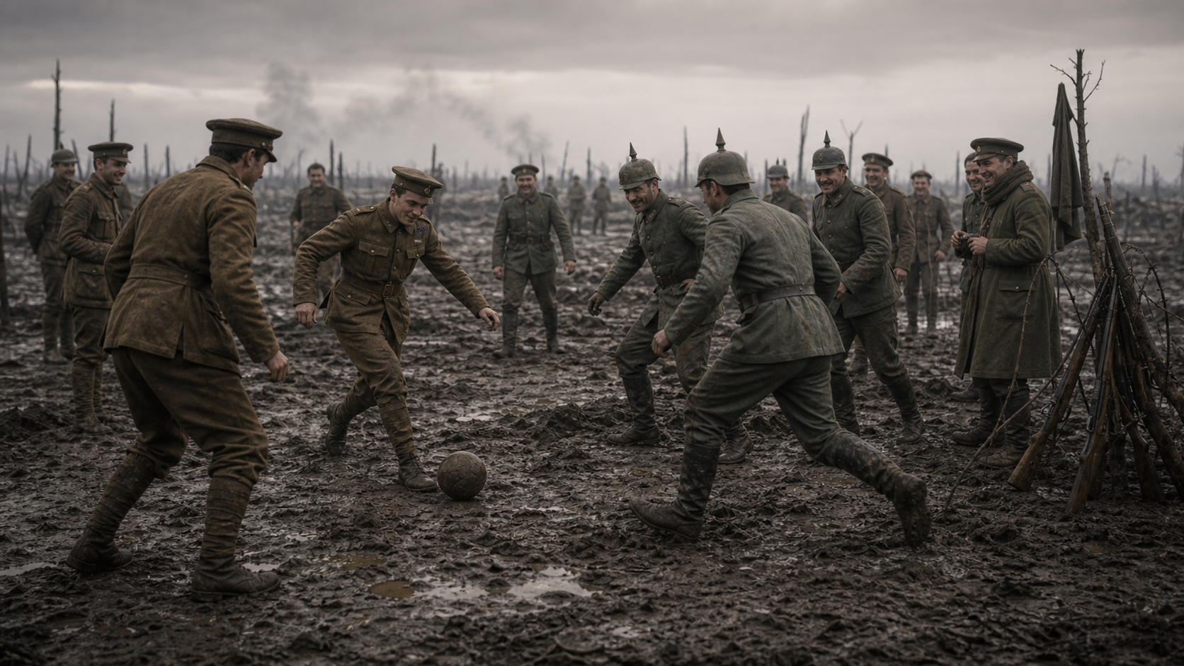 British and German soldiers loosely kicking a football in no man's land during the Christmas Truce