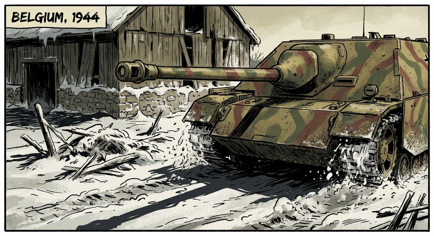 German Jagdpanzer IV emerges from behind farm buildings to engage the American column, low-profile tank destroyer with long gun barrel