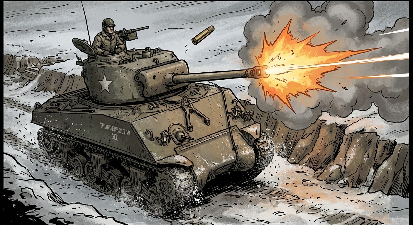 Colonel Abrams' tank Thunderbolt VI fires its main gun at the German tank destroyer at long range, muzzle flash and dramatic action