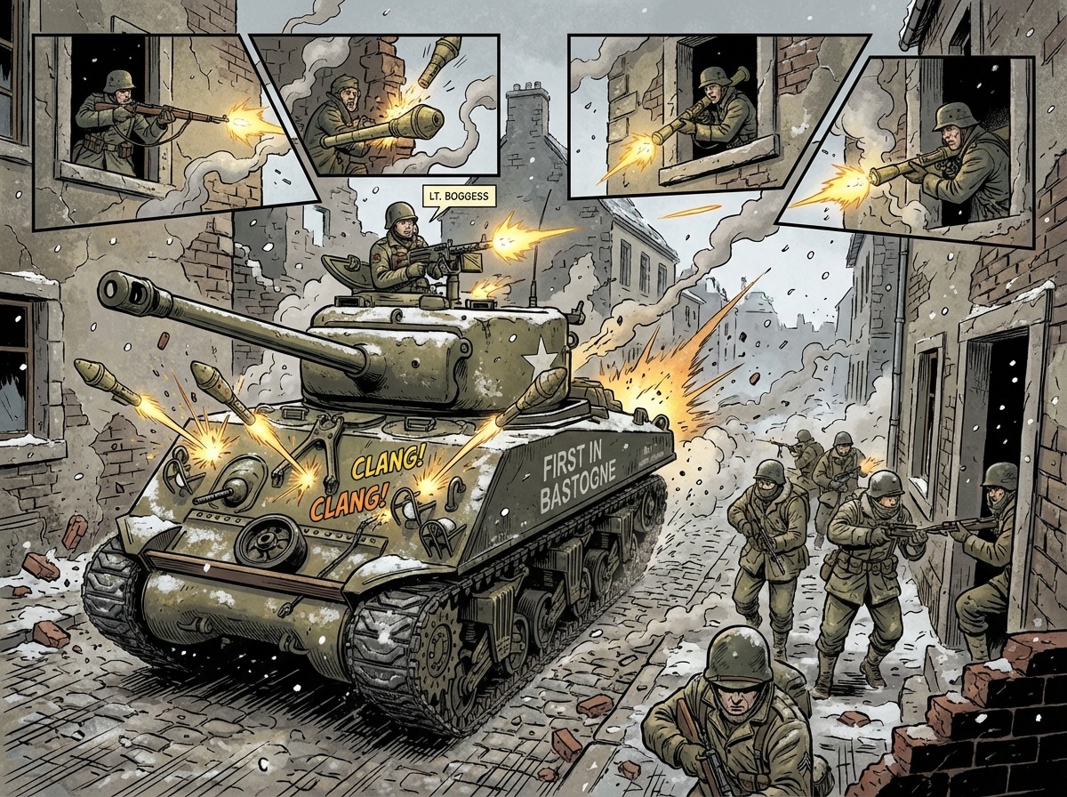 Cobra King leads the charge through Assenois village, German infantry firing from windows and doorways with panzerfausts bouncing off the thick armor