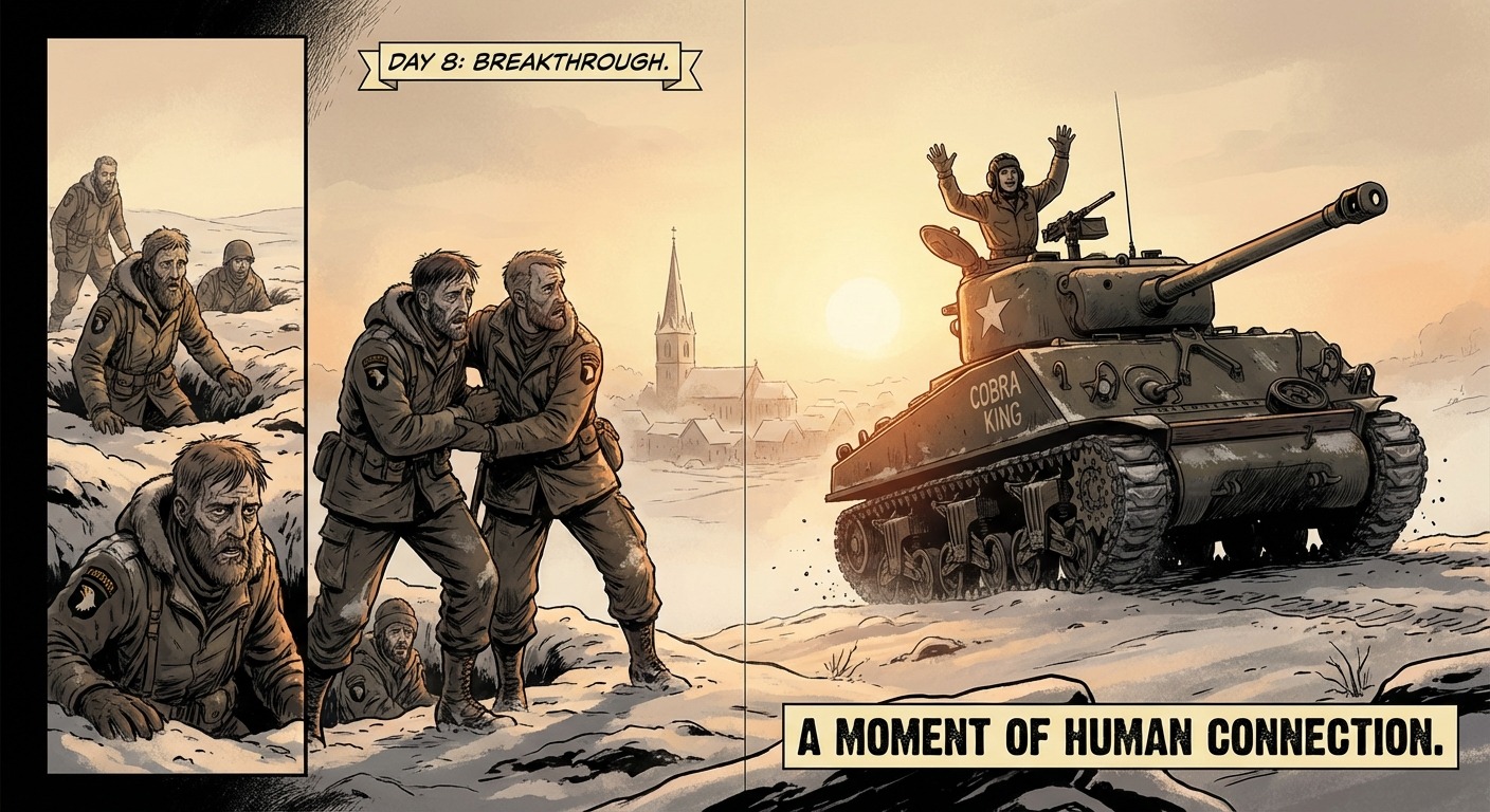 The climactic moment as Lieutenant Boggess stands in his tank hatch calling out to the dazed 101st Airborne paratroopers emerging from their snow-covered foxholes