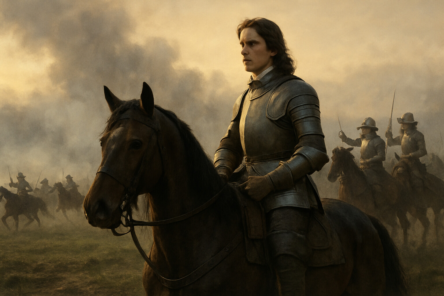 Cold open: the Duke of Enghien on horseback in the dawn light, looking across the smoke-covered plateau toward the crisis on the French left wing. He is young—barely twenty-one—in armored cavalry dress, his expression focused and calculating, the weight of command visible in his posture. Behind him, French cavalry are wheeling and reforming after their victory on the right.